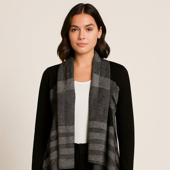 VENUS Black & Gray Plaid Open Front Waterfall Cardigan Sweater XL - Picture 1 of 5